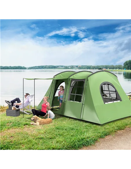 Outsunny 4 Man Tunnel Tent, Family Camping Tent with Porch, Bedroom and Living Area, Sewn in Groundsheet, 3000mm Waterproof, Por