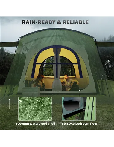 Outsunny 4 Man Tunnel Tent, Family Camping Tent with Porch, Bedroom and Living Area, Sewn in Groundsheet, 3000mm Waterproof, Por
