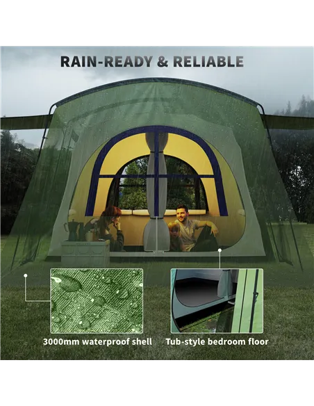 Outsunny 4 Man Tunnel Tent, Family Camping Tent with Porch, Bedroom and Living Area, Sewn in Groundsheet, 3000mm Waterproof, Por