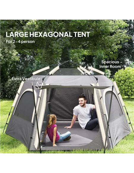 Outsunny Instant Pop Up Camping Tent, 2/3/4 Person Easy Setup Dome Family Tent with Vestibule, Rainfly, 4 Mesh Windows & 2 Doors