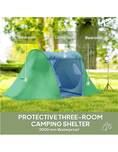Outsunny 3 Man Camping Tent with Living Area and 2 Bedrooms, 3000mm Waterproof Family Tent with Sewn-in Groundsheet and bag, Por