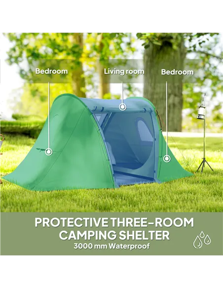Outsunny 3 Man Camping Tent with Living Area and 2 Bedrooms, 3000mm Waterproof Family Tent with Sewn-in Groundsheet and bag, Por