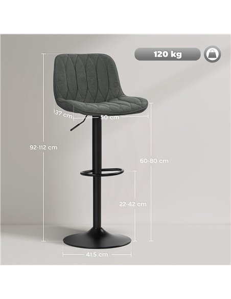 HOMCOM Set of Two Linen-Look Bar Stools - Charcoal Grey