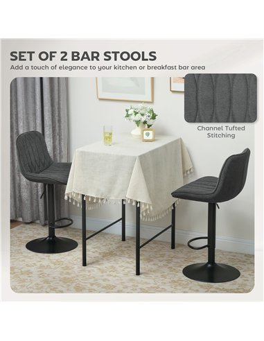 HOMCOM Set of Two Linen-Look Bar Stools - Charcoal Grey