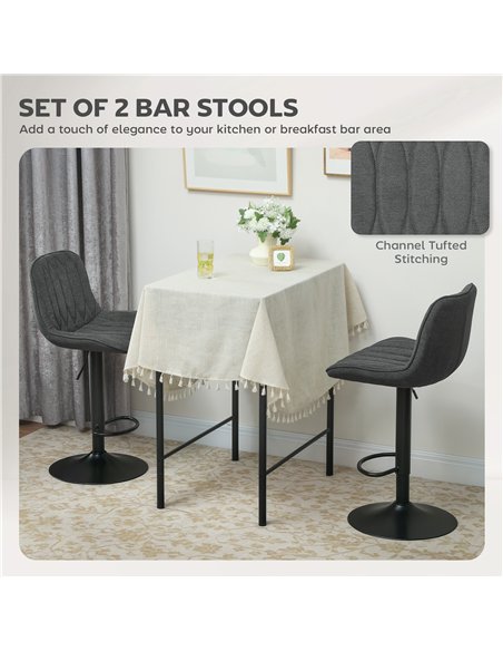 HOMCOM Set of Two Linen-Look Bar Stools - Charcoal Grey
