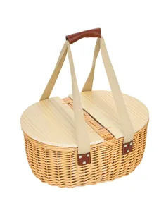 Outsunny Wicker Picnic Basket for 2 with Pine Wood Lid, Picnic Hamper with Cooler Compartment, Cutlery Service Kits, Carry Handl