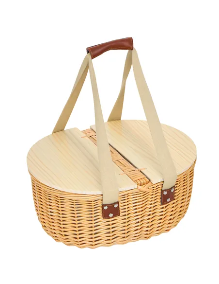 Outsunny Wicker Picnic Basket for 2 with Pine Wood Lid, Picnic Hamper with Cooler Compartment, Cutlery Service Kits, Carry Handl