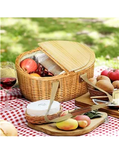 Outsunny Wicker Picnic Basket for 2 with Pine Wood Lid, Picnic Hamper with Cooler Compartment, Cutlery Service Kits, Carry Handl 2