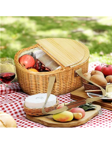 Outsunny Wicker Picnic Basket for 2 with Pine Wood Lid, Picnic Hamper with Cooler Compartment, Cutlery Service Kits, Carry Handl