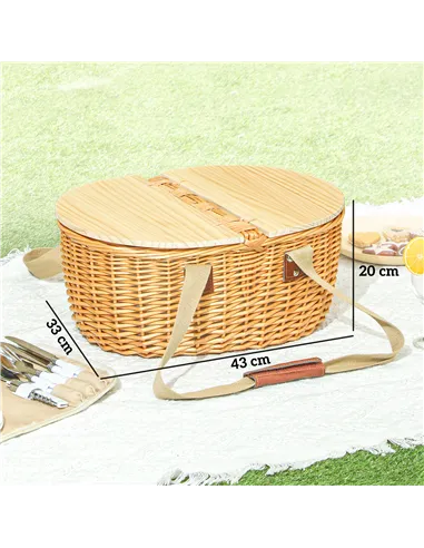 Outsunny Wicker Picnic Basket for 2 with Pine Wood Lid, Picnic Hamper with Cooler Compartment, Cutlery Service Kits, Carry Handl