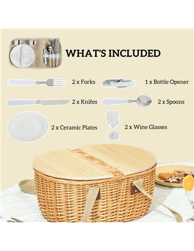 Outsunny Wicker Picnic Basket for 2 with Pine Wood Lid, Picnic Hamper with Cooler Compartment, Cutlery Service Kits, Carry Handl