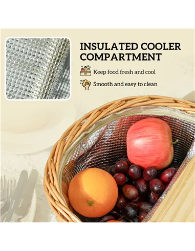 Outsunny Wicker Picnic Basket for 2 with Pine Wood Lid, Picnic Hamper with Cooler Compartment, Cutlery Service Kits, Carry Handl