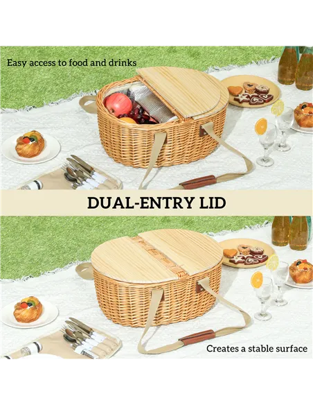 Outsunny Wicker Picnic Basket for 2 with Pine Wood Lid, Picnic Hamper with Cooler Compartment, Cutlery Service Kits, Carry Handl