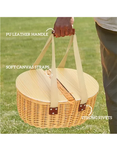 Outsunny Wicker Picnic Basket for 2 with Pine Wood Lid, Picnic Hamper with Cooler Compartment, Cutlery Service Kits, Carry Handl