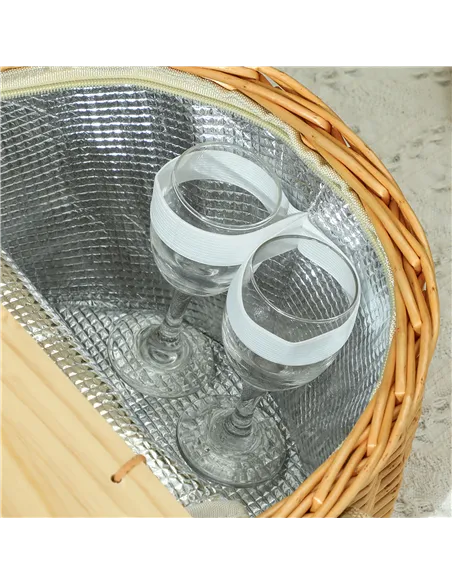 Outsunny Wicker Picnic Basket for 2 with Pine Wood Lid, Picnic Hamper with Cooler Compartment, Cutlery Service Kits, Carry Handl