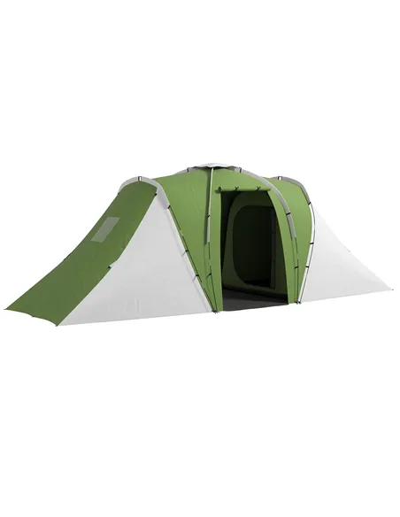 Outsunny Large Camping Tent Tunnel Tent with 2 Bedroom and Living Area, 2000mm Waterproof, Portable with Bag for 4-6 Man, Green