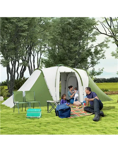 Outsunny Large Camping Tent Tunnel Tent with 2 Bedroom and Living Area, 2000mm Waterproof, Portable with Bag for 4-6 Man, Green