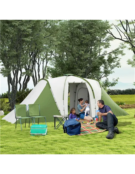 Outsunny Large Camping Tent Tunnel Tent with 2 Bedroom and Living Area, 2000mm Waterproof, Portable with Bag for 4-6 Man, Green