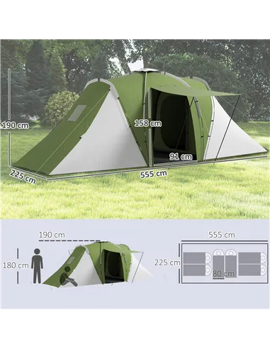 Outsunny Large Camping Tent Tunnel Tent with 2 Bedroom and Living Area, 2000mm Waterproof, Portable with Bag for 4-6 Man, Green