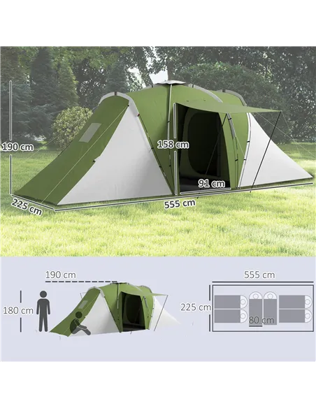 Outsunny Large Camping Tent Tunnel Tent with 2 Bedroom and Living Area, 2000mm Waterproof, Portable with Bag for 4-6 Man, Green