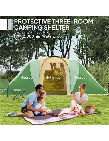 Outsunny Large Camping Tent Tunnel Tent with 2 Bedroom and Living Area, 2000mm Waterproof, Portable with Bag for 4-6 Man, Green