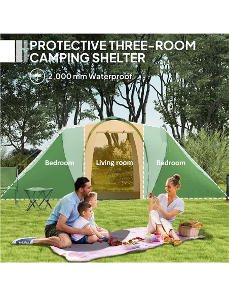 Outsunny Large Camping Tent Tunnel Tent with 2 Bedroom and Living Area, 2000mm Waterproof, Portable with Bag for 4-6 Man, Green