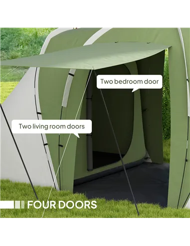 Outsunny Large Camping Tent Tunnel Tent with 2 Bedroom and Living Area, 2000mm Waterproof, Portable with Bag for 4-6 Man, Green