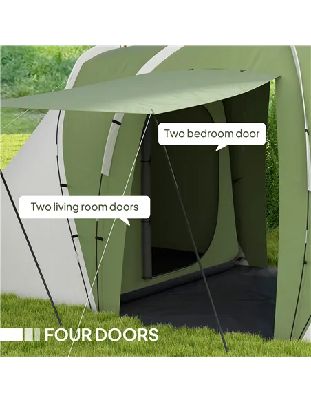 Outsunny Large Camping Tent Tunnel Tent with 2 Bedroom and Living Area, 2000mm Waterproof, Portable with Bag for 4-6 Man, Green