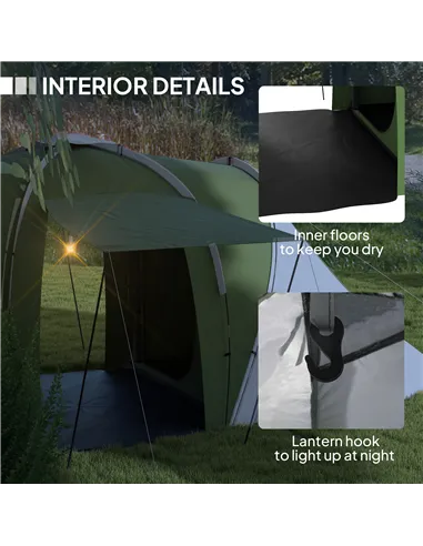 Outsunny Large Camping Tent Tunnel Tent with 2 Bedroom and Living Area, 2000mm Waterproof, Portable with Bag for 4-6 Man, Green
