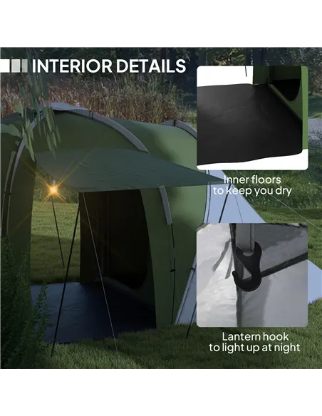 Outsunny Large Camping Tent Tunnel Tent with 2 Bedroom and Living Area, 2000mm Waterproof, Portable with Bag for 4-6 Man, Green