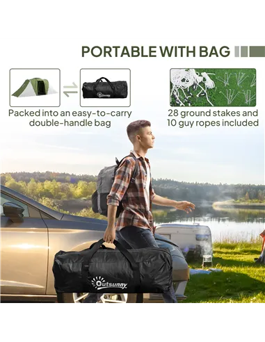 Outsunny Large Camping Tent Tunnel Tent with 2 Bedroom and Living Area, 2000mm Waterproof, Portable with Bag for 4-6 Man, Green