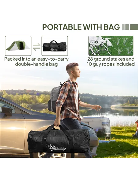 Outsunny Large Camping Tent Tunnel Tent with 2 Bedroom and Living Area, 2000mm Waterproof, Portable with Bag for 4-6 Man, Green