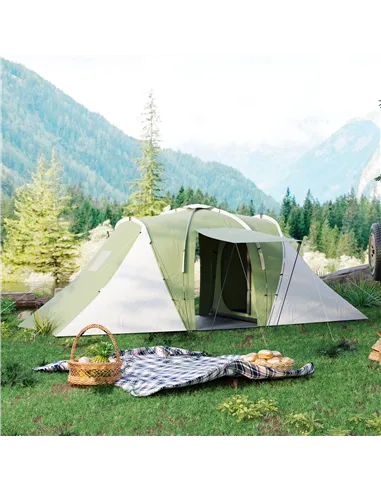 Outsunny Large Camping Tent Tunnel Tent with 2 Bedroom and Living Area, 2000mm Waterproof, Portable with Bag for 4-6 Man, Green