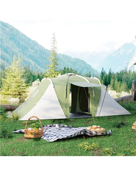 Outsunny Large Camping Tent Tunnel Tent with 2 Bedroom and Living Area, 2000mm Waterproof, Portable with Bag for 4-6 Man, Green