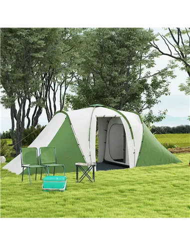Outsunny Large Camping Tent Tunnel Tent with 2 Bedroom and Living Area, 2000mm Waterproof, Portable with Bag for 4-6 Man, Green