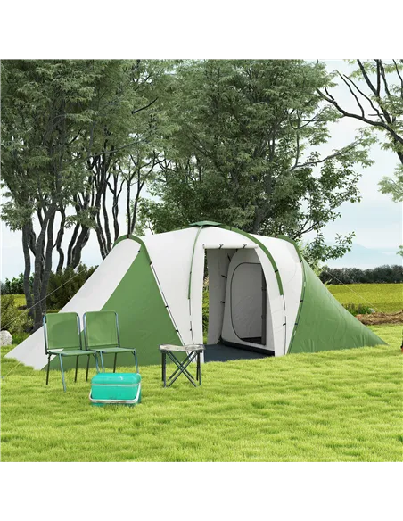 Outsunny Large Camping Tent Tunnel Tent with 2 Bedroom and Living Area, 2000mm Waterproof, Portable with Bag for 4-6 Man, Green