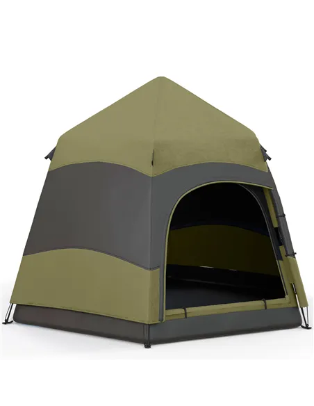 Outsunny Six Man Hexagon Camping Tent with Hang Hook and Carry Bag - Dark Green and Light Grey