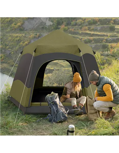 Outsunny Six Man Hexagon Camping Tent with Hang Hook and Carry Bag - Dark Green and Light Grey