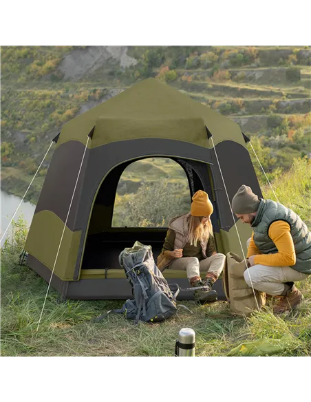 Outsunny Six Man Hexagon Camping Tent with Hang Hook and Carry Bag - Dark Green and Light Grey