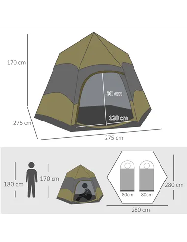 Outsunny Six Man Hexagon Camping Tent with Hang Hook and Carry Bag - Dark Green and Light Grey
