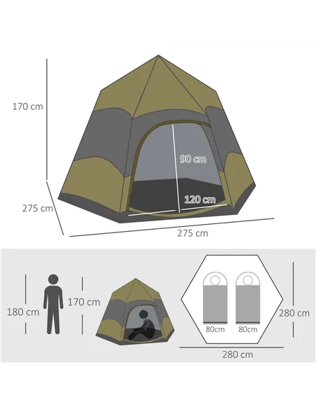 Outsunny Six Man Hexagon Camping Tent with Hang Hook and Carry Bag - Dark Green and Light Grey