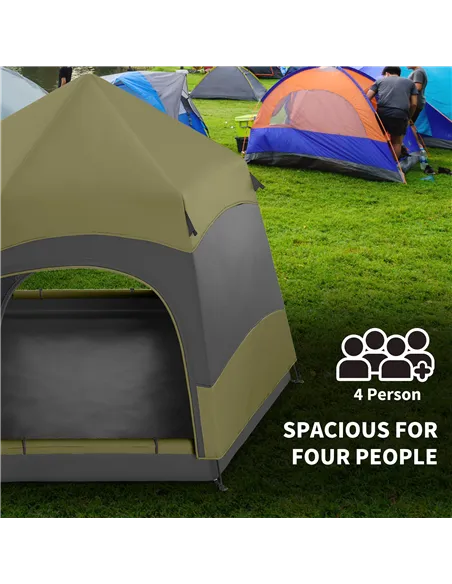 Outsunny Six Man Hexagon Camping Tent with Hang Hook and Carry Bag - Dark Green and Light Grey