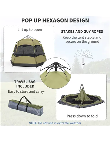 Outsunny Six Man Hexagon Camping Tent with Hang Hook and Carry Bag - Dark Green and Light Grey