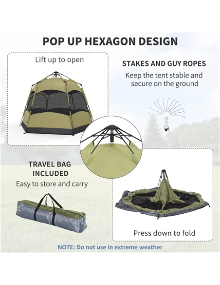 Outsunny Six Man Hexagon Camping Tent with Hang Hook and Carry Bag - Dark Green and Light Grey