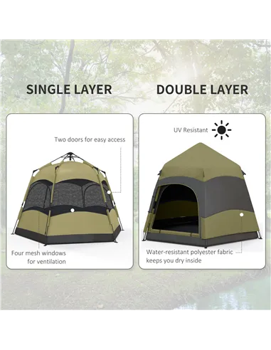 Outsunny Six Man Hexagon Camping Tent with Hang Hook and Carry Bag - Dark Green and Light Grey
