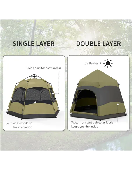 Outsunny Six Man Hexagon Camping Tent with Hang Hook and Carry Bag - Dark Green and Light Grey