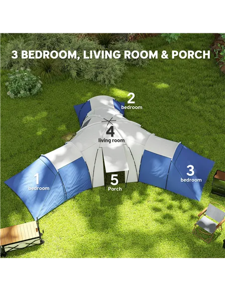 Outsunny 6-9 Man Tent with Bedrooms and Living Room, Accessories Included, Blue
