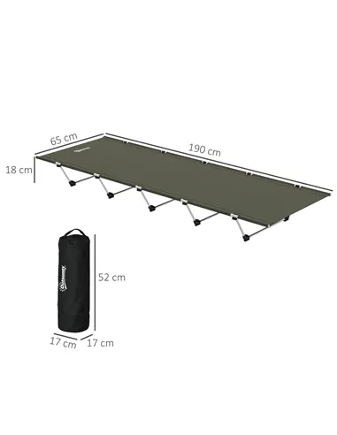Outsunny Lightweight Camping Bed, Aluminium Portable Camp Cot w/ Strong Support 150kg and Carry Bag for Camping, Dark Green