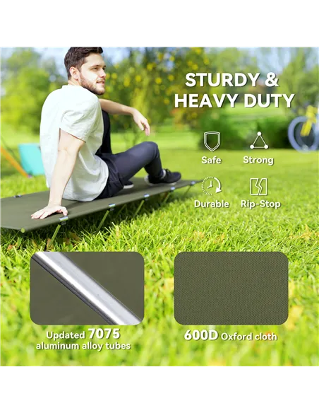 Outsunny Lightweight Camping Bed, Aluminium Portable Camp Cot w/ Strong Support 150kg and Carry Bag for Camping, Dark Green