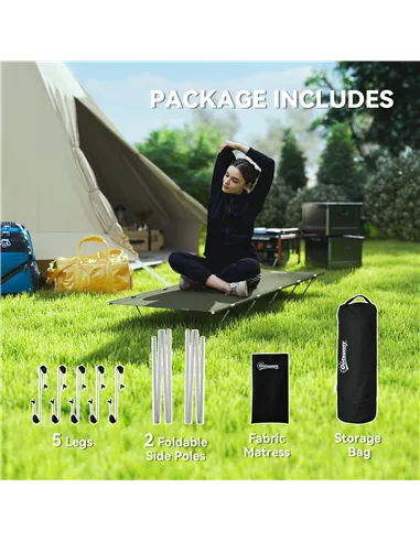 Outsunny Lightweight Camping Bed, Aluminium Portable Camp Cot w/ Strong Support 150kg and Carry Bag for Camping, Dark Green
